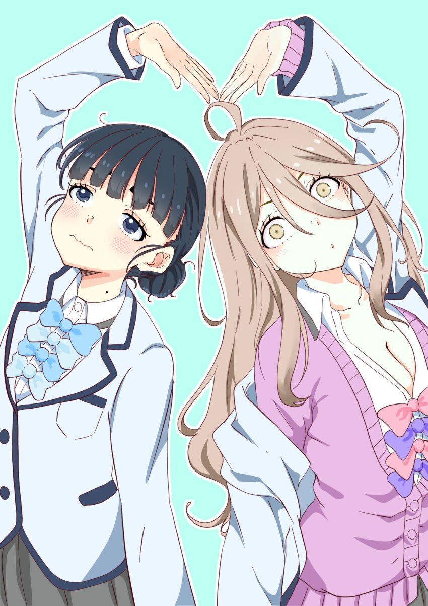 2girls ahoge arms_up basori_tiara blonde_hair blue_background blue_bow blue_eyes blunt_bangs blush bow bowtie breasts cardigan cleavage collared_shirt hair_bun highres large_breasts long_hair long_sleeves make_heroine_ga_oo_sugiru! mole mole_on_neck mono9ron multiple_girls parted_bangs pink_bow purple_bow school_uniform shikiya_yumeko shirt simple_background skirt yellow_eyes