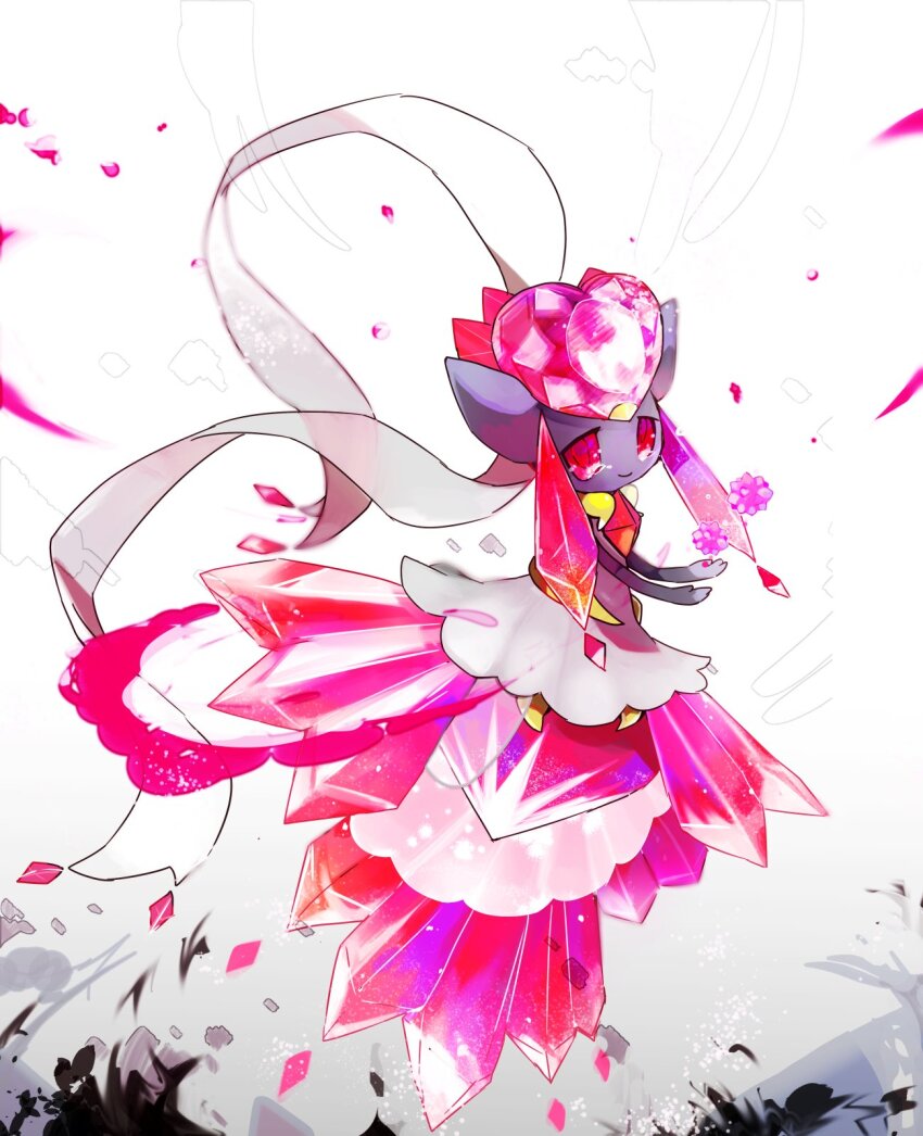 1girl colored_sclera colored_skin colored_smoke creatures_(company) crystal crystal_hair diancie game_freak gen_6_pokemon grey_skin highres legendary_pokemon mega_diancie mega_pokemon monster_girl mythical_pokemon nintendo pink_gemstone pink_hair pokemon pokemon_(creature) red_eyes red_sclera ribbon shirt smile smoke solo sukinadake white_background white_ribbon white_shirt