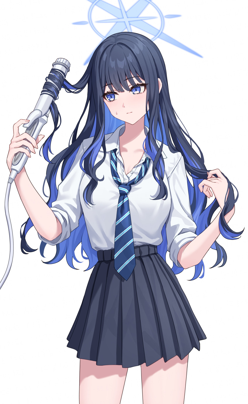 1girl absurdres alternate_costume black_hair black_skirt blue_archive blue_eyes blue_hair breasts curling_iron diagonal-striped_clothes diagonal-striped_necktie halo highres long_hair medium_breasts multicolored_hair necktie open_collar pleated_skirt saori_(blue_archive) school_uniform shirt shirt_tucked_in simoumi_217 simple_background skirt skirt_rolled_up solo striped_clothes sweatdrop thighs two-tone_hair very_long_hair white_background white_shirt