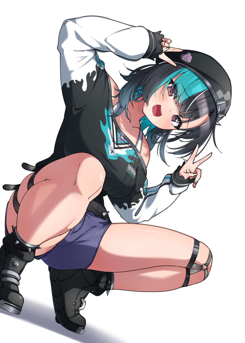 1girl :d aqua_hair beret black_choker black_hair black_hat black_shirt black_shoes blue_shorts choker colored_inner_hair commentary_request double_v dutch_angle earrings eru_(l_illust45) full_body hat high_tops highres hololive hololive_dev_is jewelry knee_strap long_shirt long_sleeves looking_at_viewer medium_hair multicolored_hair off-shoulder_shirt off_shoulder open_mouth purple_hair raglan_sleeves red_eyes rindo_chihaya shirt shoes short_shorts shorts simple_background smile sneakers solo squatting streaked_hair swept_bangs v virtual_youtuber white_background white_hair