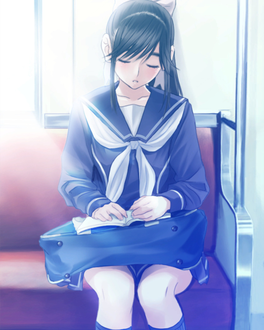 1girl bag bag_on_lap black_hair black_socks blue_sailor_collar blue_serafuku blush book bow collarbone feet_out_of_frame hair_bow highres light_rays long_hair long_sleeves love_plus neckerchief official_art open_book open_mouth parted_lips pink_lips pleated_skirt ponytail railing ribbon sailor_collar school_bag school_uniform serafuku sidelocks sitting skirt socks solo sunbeam sunlight takane_manaka train_interior white_neckerchief winter_uniform