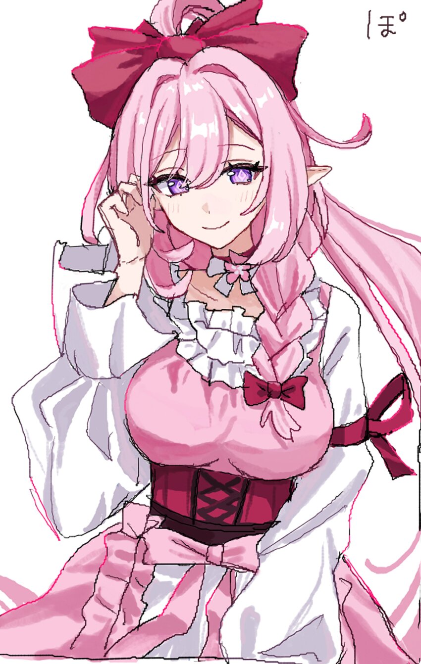 1girl absurdres bow bowtie braid breasts dress elf elysia_(herrscher_of_human:_ego)_(honkai_impact) elysia_(honkai_impact) elysia_(peachy_spring)_(honkai_impact) frilled_sleeves frills hair_between_eyes hair_ornament hand_on_own_face highres honkai_(series) honkai_impact_3rd large_breasts long_hair long_sleeves looking_at_viewer pink_dress pink_eyes pink_hair pink_pupils pointy_ears qing231 red_bow red_bowtie single_braid smile very_long_hair white_background