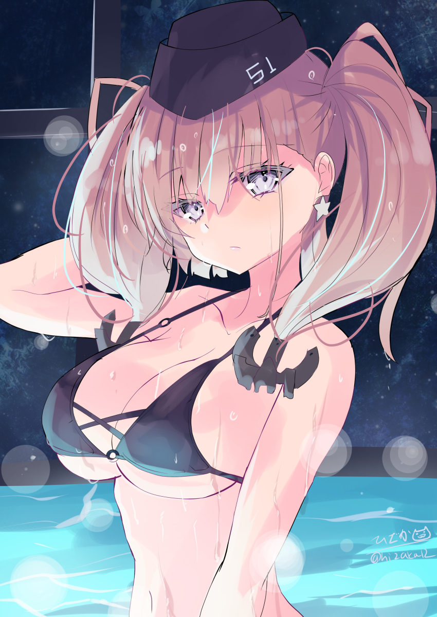 1girl absurdres atlanta_(kancolle) bikini black_bikini black_hat blush breasts brown_hair earrings garrison_cap grey_eyes hat highres hizaka indoors jewelry kantai_collection large_breasts long_hair looking_at_viewer night rei_no_pool single_earring solo star_(symbol) star_earrings swimsuit two_side_up wet wet_clothes wet_swimsuit window