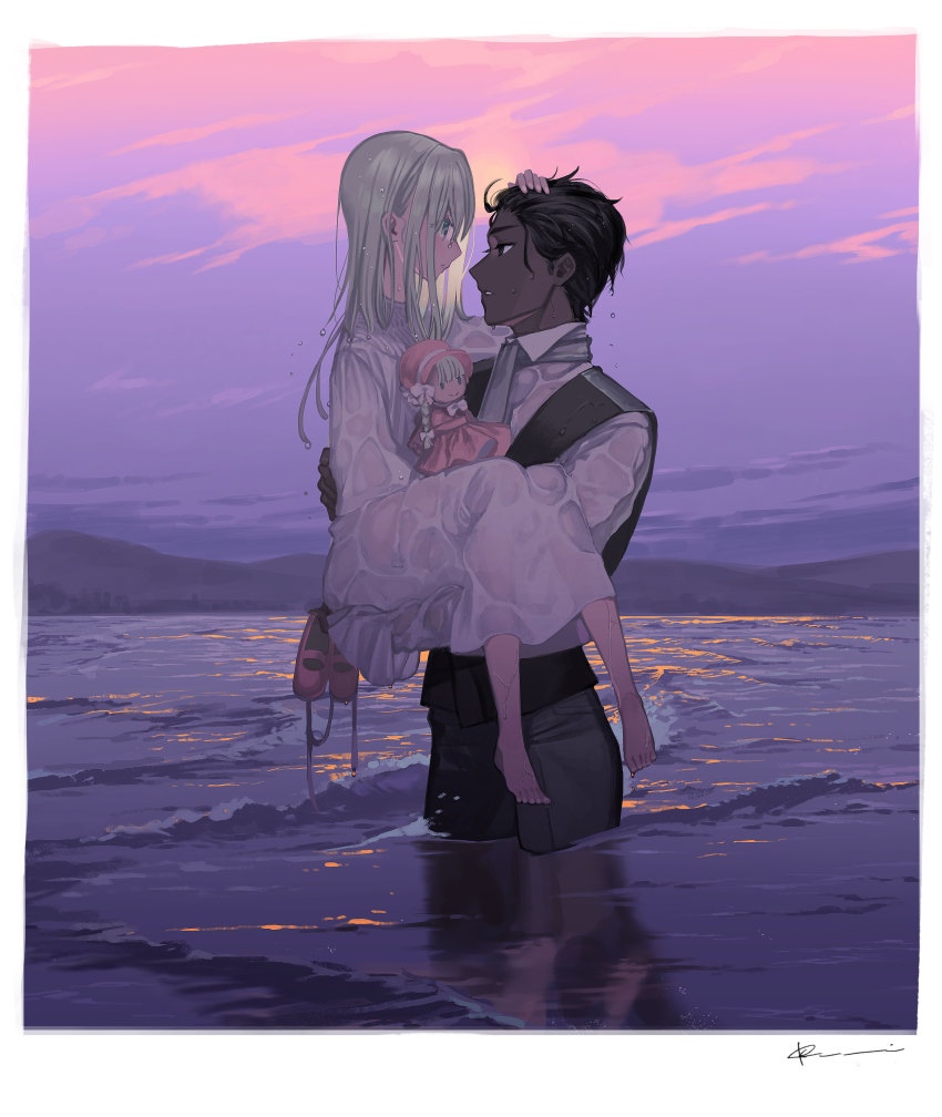 1boy 1girl absurdres age_difference barefoot black_hair blonde_hair blue_eyes carrying collared_shirt dark_skin dark-skinned_male doll dress hand_on_head highres kururi long_hair ocean original pink_footwear princess_carry shirt vest water waves wet wet_clothes wet_hair white_dress white_shirt