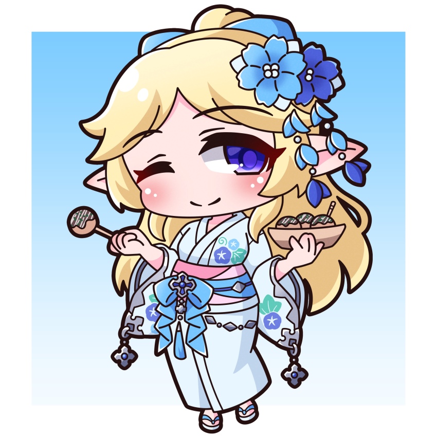 1girl absurdres blonde_hair blue_eyes blue_flower blush border chibi chibi_only flower food food_request gradient_background hair_flower hair_ornament highres holding holding_food holding_plate japanese_clothes kimono long_hair looking_to_the_side one_eye_closed plate pointy_ears princess_connect! saishosaisekojo smile solo white_border white_kimono yukari_(princess_connect!)