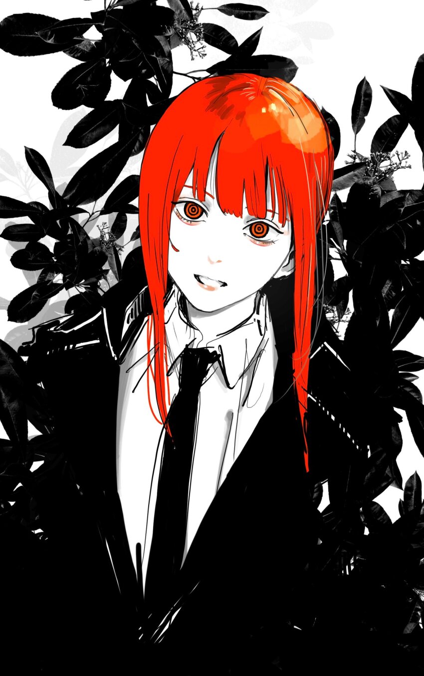 absurdres black_jacket black_necktie braid braided_ponytail chainsaw_man collared_shirt formal_clothes head_tilt highres jacket looking_at_viewer makima_(chainsaw_man) medium_hair necktie parted_lips partially_colored red_eyes red_hair ringed_eyes saitama_(antitankromeo) shirt sidelocks smile solo spot_color suit suit_jacket white_shirt