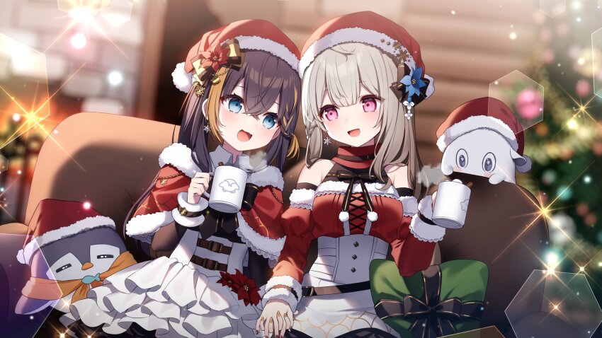 2girls black_hair blue_eyes breasts christmas christmas_ornaments christmas_tree cup earrings grey_hair hat hazakura_satsuki highres holding holding_cup interlocked_fingers jewelry light_blush long_hair medium_breasts multicolored_hair multiple_girls nijisanji nijisanji_en pentomo_(petra_gurin) petra_gurin pink_eyes poppi_(reimu_endou) reimu_endou santa_hat snowflake_earrings virtual_youtuber yuri