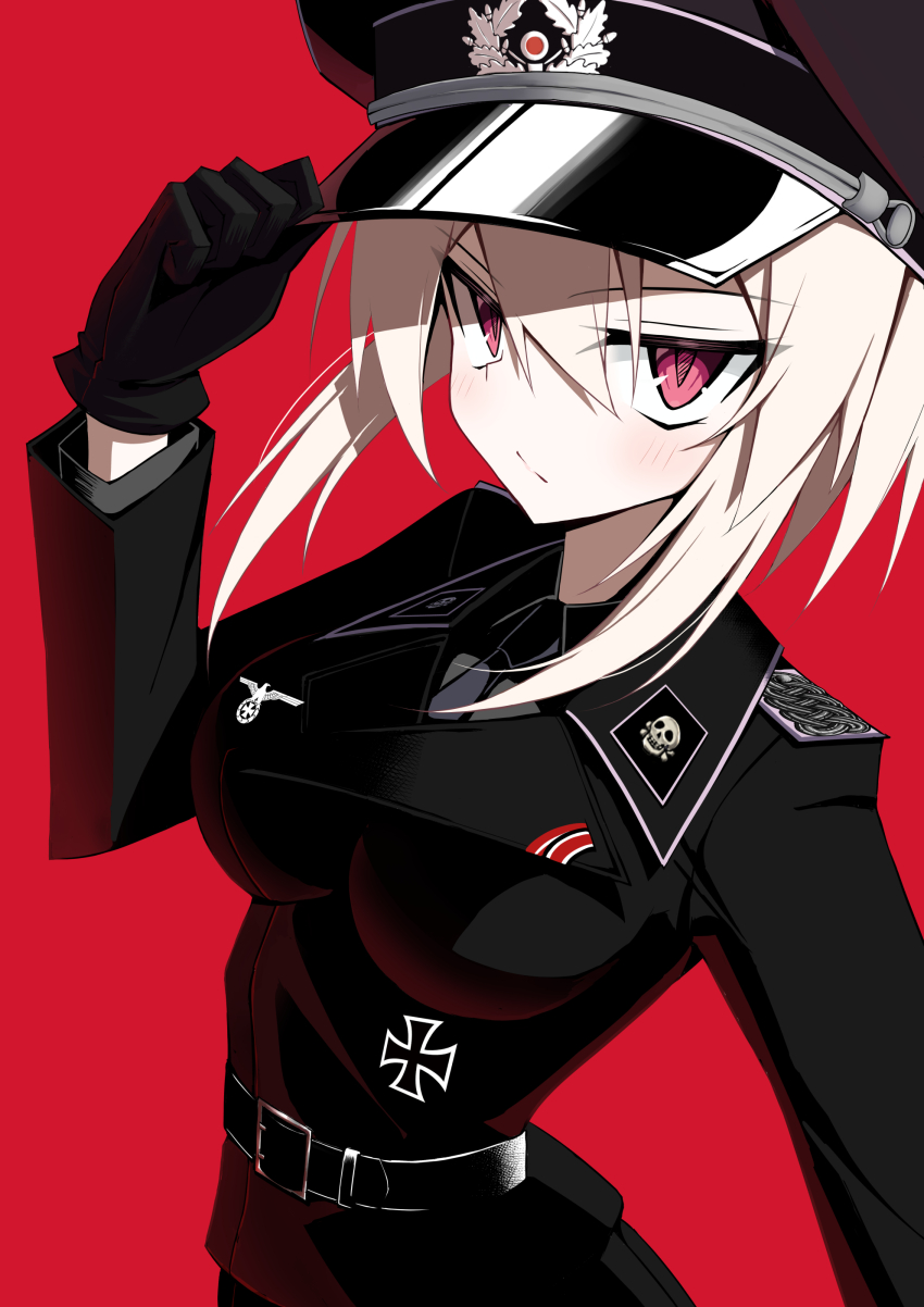 1girl absurdres adjusting_clothes adjusting_headwear belt black_gloves blonde_hair breasts cross epaulettes gloves hat highres impossible_clothes iron_cross jiseki_rena looking_at_viewer medium_breasts military military_uniform nazi necktie original peaked_cap red_background red_eyes reichsadler rena_(jiseki_rena) short_hair solo totenkopf tsurime very_short_hair