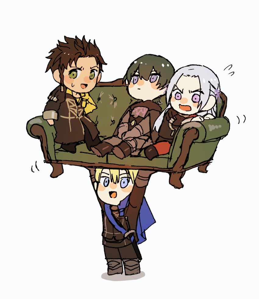 1girl 3boys :d abinosu0903 brown_hair byleth_(fire_emblem) byleth_(male)_(fire_emblem) capelet chibi claude_von_riegan couch dimitri_alexandre_blaiddyd edelgard_von_hresvelg fire_emblem fire_emblem:_three_houses green_eyes green_hair highres long_hair looking_at_viewer multiple_boys nintendo on_couch open_mouth short_hair simple_background sitting smile surprised white_hair