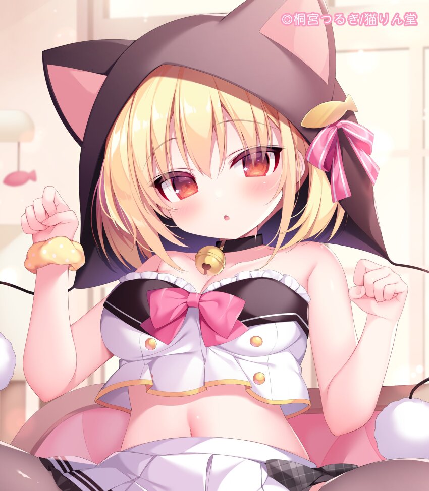 1girl :o absurdres animal_hood bare_shoulders bell black_choker black_thighhighs blonde_hair blush bow breasts brown_eyes cat_hood choker collarbone copyright_notice hair_between_eyes hands_up highres hood indoors jingle_bell kofuyu_(cofyuuun) looking_at_viewer medium_breasts midriff miniskirt navel neck_bell open_mouth original paw_pose pink_bow pleated_skirt scrunchie short_hair skirt solo spread_legs squatting thighhighs white_skirt wrist_scrunchie yellow_scrunchie