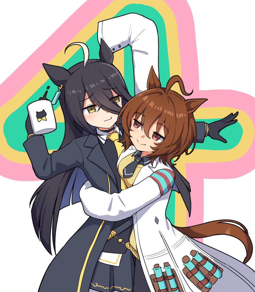 2girls agnes_tachyon_(umamusume) ahoge animal_ears arm_up black_choker black_coat black_gloves black_necktie black_shirt black_skirt brown_hair brown_tail buttons choker coat coffee coffee_mug commentary_request cup gloves hair_between_eyes highres holding holding_cup horse_ears horse_girl horse_tail hug jacket lab_coat light_blush long_hair long_sleeves looking_at_another manhattan_cafe_(umamusume) medium_hair mug multicolored_hair multiple_girls necktie red_eyes shirt short_hair short_necktie sidelocks skirt sleeves_past_fingers sleeves_past_wrists smile streaked_hair sweater_vest tail takiki test_tube umamusume very_long_hair very_long_sleeves white_hair white_shirt wide_sleeves yellow_eyes yellow_sweater_vest