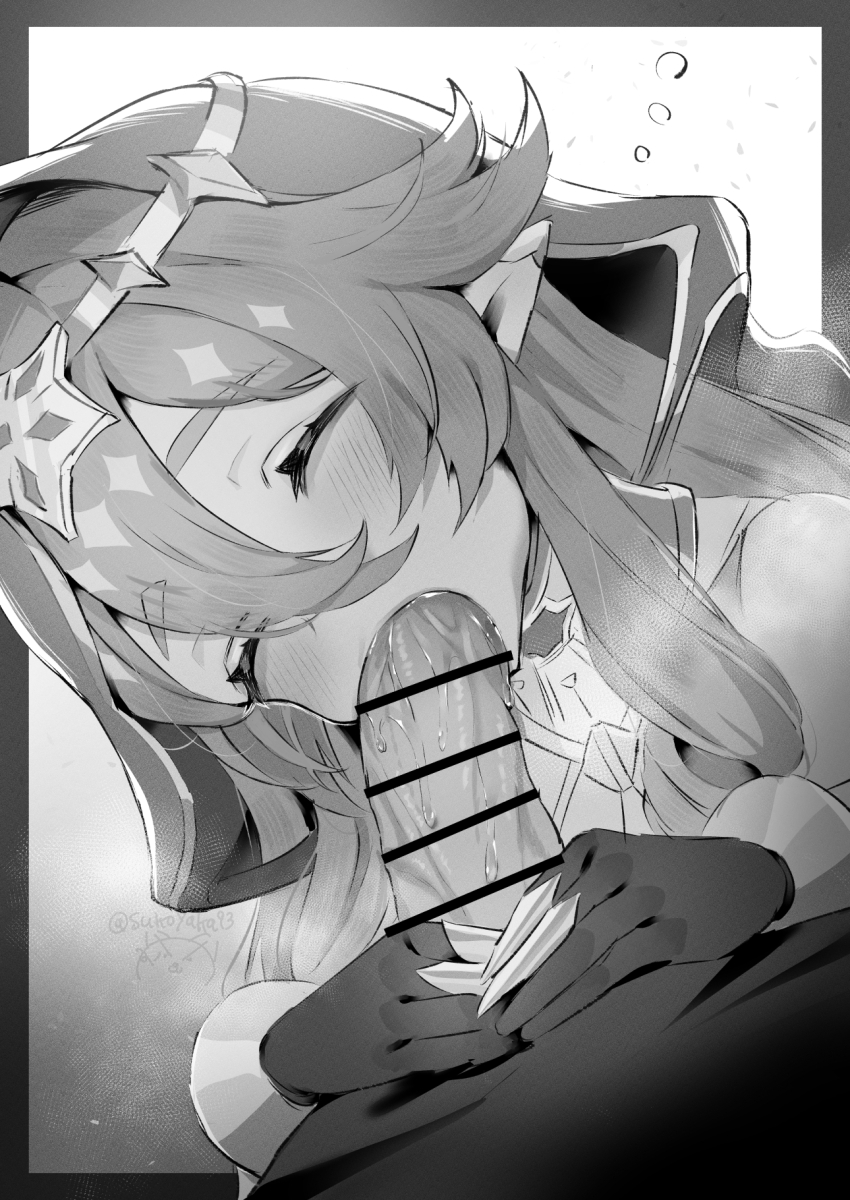 1boy 1girl bags_under_eyes bar_censor censored claw_ring closed_eyes erection fellatio genshin_impact gloves greyscale hair_between_eyes hetero highres hood hood_up layla_(genshin_impact) long_hair monochrome oral penis pointy_ears sleep_molestation solo_focus sukoyaka93