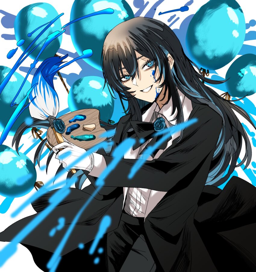 ado_(utaite) black_bow black_bowtie black_coat black_hair black_pants blue_eyes blue_flower blue_hair blue_rose bow bowtie chando_(ado) coat collared_shirt colored_inner_hair commentary_request dress_shirt flower genderswap gloves gunjyou_(gunjyou_00) hair_between_eyes highres holding holding_paintbrush holding_palette long_hair long_sleeves looking_at_viewer mole mole_under_eye multicolored_hair open_clothes open_coat open_mouth paint_splatter paintbrush palette_(object) pants rose shirt shirt_tucked_in sidelocks utaite white_gloves white_shirt