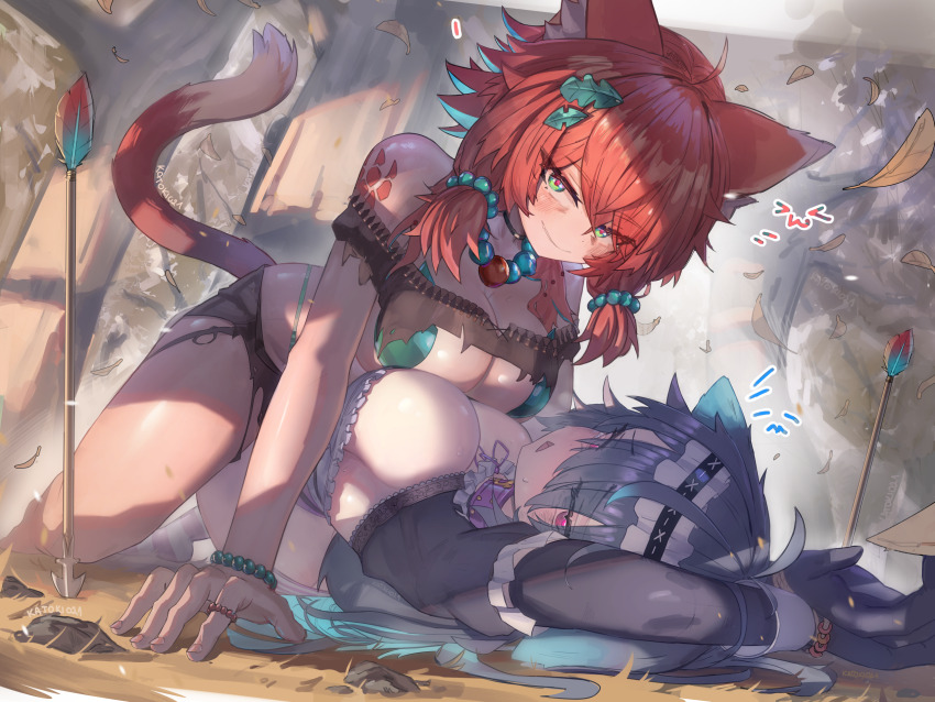 2girls ahoge animal_ear_fluff animal_ears arrow_(projectile) artist_name bandeau bead_bracelet bead_necklace beads black_gloves black_hairband blue_hair bracelet breast_press breasts brown_bandeau brown_shorts cat_ears cleavage closed_mouth colored_inner_hair ears_down falling_leaves frilled_hairband frills gloves green_eyes grey_hair hair_beads hair_ornament hairband highres indie_virtual_youtuber jewelry katoki021 large_breasts leaf leaf_bra leaf_hair_ornament lying maid menace_mamaki mozumi_pichi multicolored_hair multiple_girls necklace on_back orange_hair purple_eyes shorts symmetrical_docking tail torn_clothes torn_shorts v-dere virtual_youtuber white_wrist_cuffs wolf_girl wrist_cuffs yuri