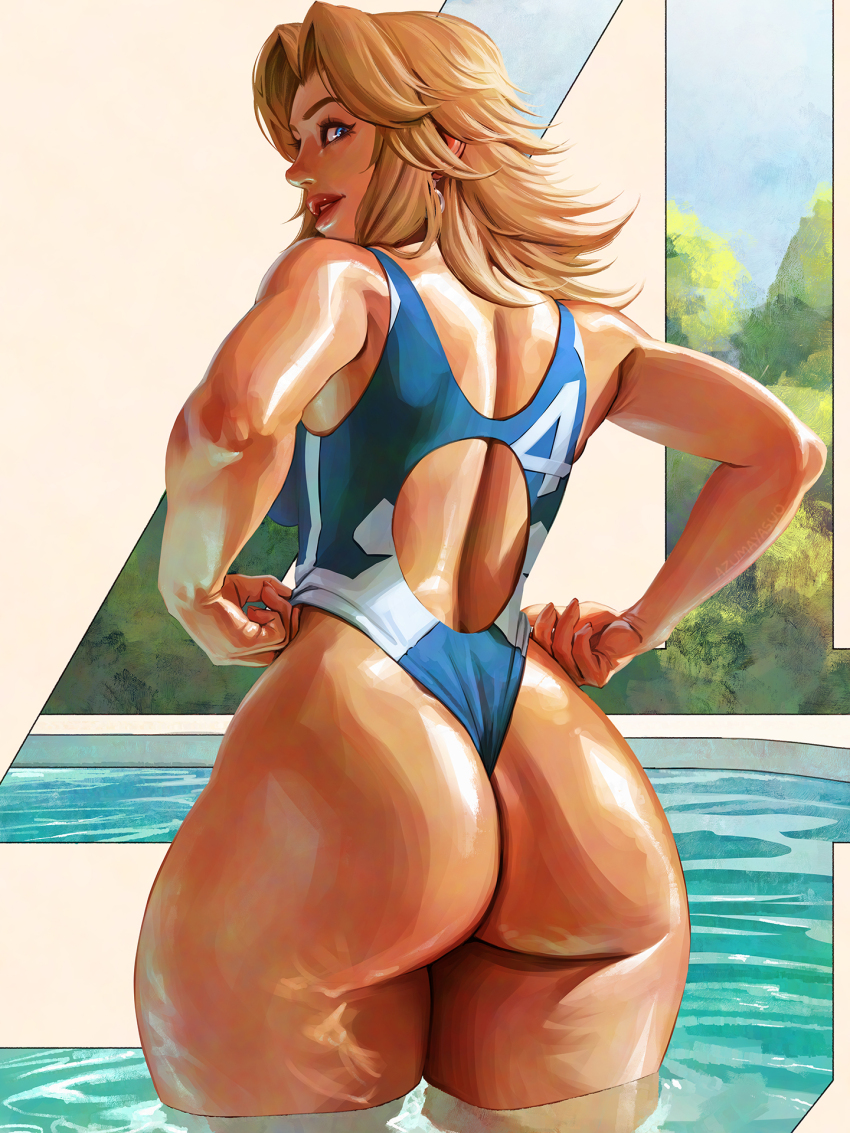 1girl adapted_costume adjusting_clothes adjusting_swimsuit ass ass_focus azuma_yasuo bare_arms bare_shoulders blonde_hair blue_eyes blue_one-piece_swimsuit breasts commentary competition_swimsuit earrings fantastic_four from_behind highleg highleg_one-piece_swimsuit highres jewelry large_breasts lipstick long_hair looking_at_viewer looking_back makeup marvel marvel_rivals number_print one-piece_swimsuit one-piece_thong parted_lips pool racerback red_lips solo sue_storm swimsuit teeth thick_thighs thighs tree two-tone_one-piece_swimsuit wading water white_one-piece_swimsuit