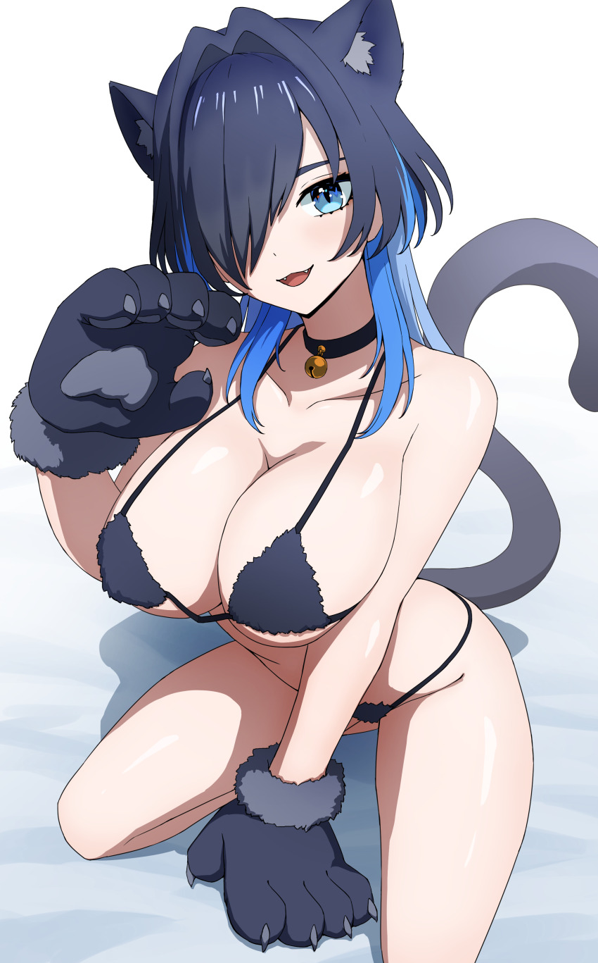 1girl absurdres animal_ears animal_hands arm_support bell bikini black_bikini black_choker black_hair blue_eyes blue_hair breasts cat_ears cat_tail choker daydarion fangs fur_bikini gloves hair_intakes highres hololive hololive_english large_breasts long_hair looking_at_viewer multicolored_hair neck_bell open_mouth ouro_kronii paw_gloves solo swimsuit tail two-tone_hair virtual_youtuber