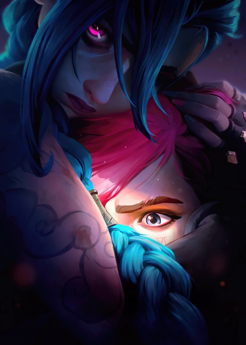 2girls arcane:_league_of_legends arcane_jinx arcane_vi arm_tattoo artist_name asymmetrical_bangs bare_shoulders black_eyeshadow blue_eyes blue_hair blue_nails blue_tattoo braid cloud_tattoo eyebrow_cut eyeshadow facial_tattoo head_grab highres holding hug jinx_(league_of_legends) league_of_legends long_hair looking_at_viewer makeup multiple_girls official_art pink_eyes pink_hair pink_nails purple_lips second-party_source short_hair shoulder_tattoo siblings sisters tattoo vi_(league_of_legends)