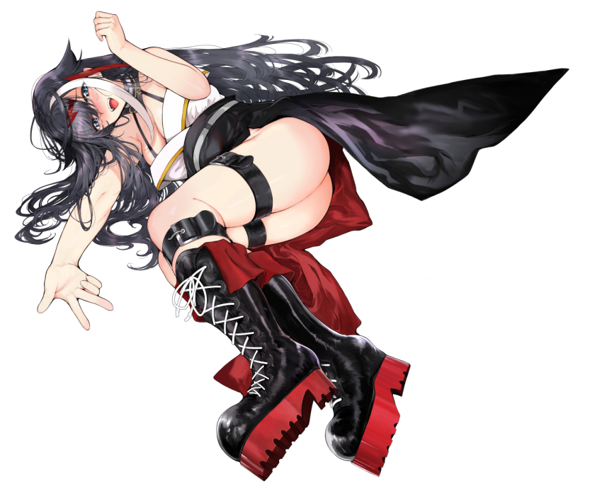 1girl ass azur_lane belt black_hair boots breasts cleavage cross-laced_footwear deutschland_(azur_lane) full_body long_hair looking_at_viewer lying multicolored_hair on_side open_mouth platform_boots platform_footwear red_hair streaked_hair takeakigaku teeth thigh_belt thigh_strap thighs upper_teeth_only v white_background white_hair