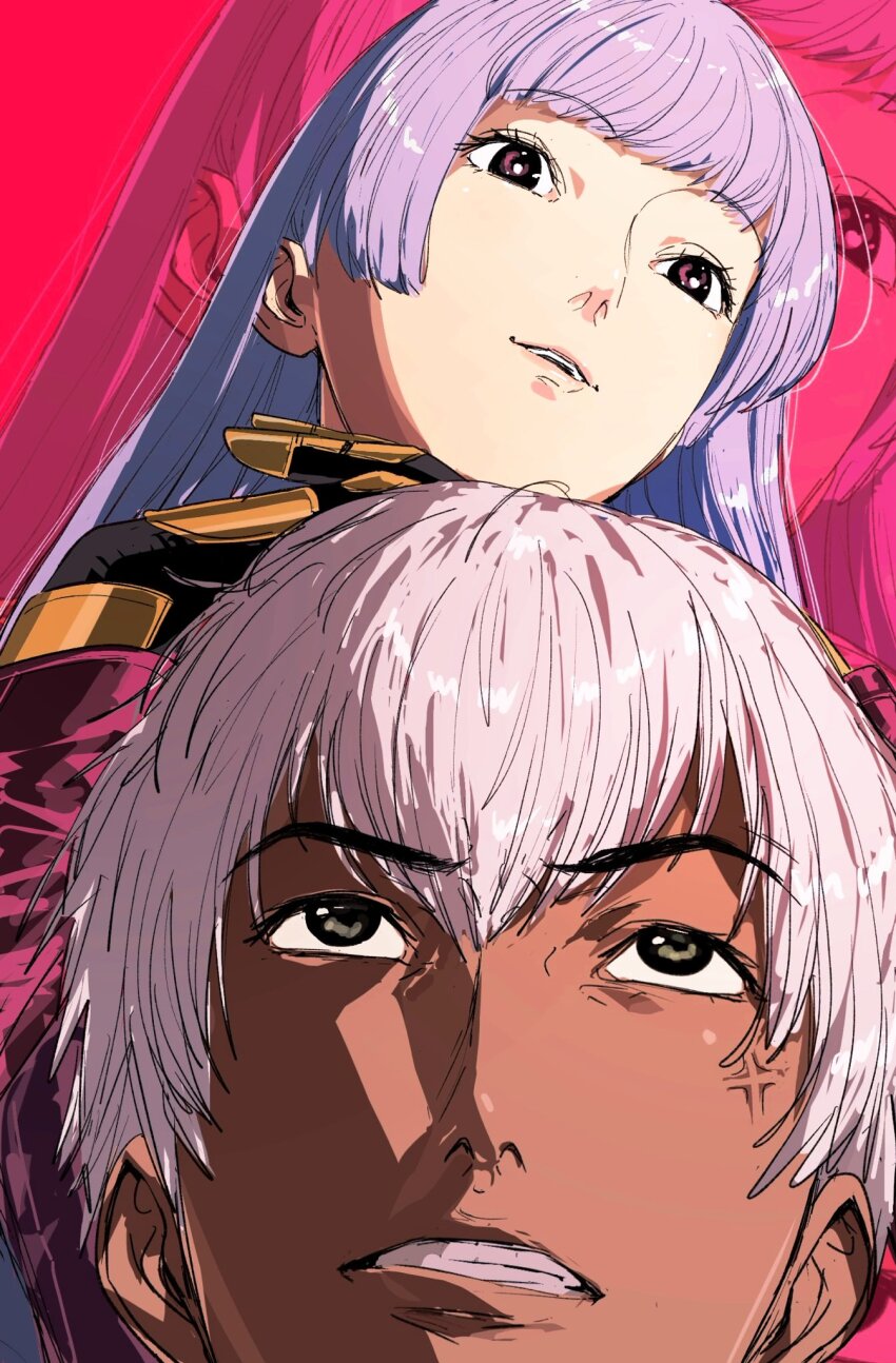 1boy 1girl amikoiiko anger_vein black_eyebows black_eyes black_gloves close-up commentary dark-skinned_male dark_skin gloves gold_gloves hashtag-only_commentary head_tilt highres jacket k&#039;_(kof) kula_diamond lips long_hair looking_at_viewer looking_down looking_up mismatched_eyebrows nose open_mouth own_hands_together pink_background purple_eyes purple_hair purple_jacket short_hair simple_background smile teeth the_king_of_fighters two-tone_gloves upper_body white_hair