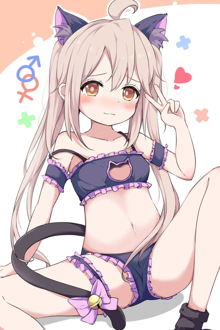 1girl :3 ahoge animal_ears armband bell blush bow bra breasts bridal_garter brown_eyes cat_cutout cat_ears cat_lingerie cat_tail cleavage closed_mouth clothing_cutout commentary_request fake_animal_ears fake_tail frilled_armband frilled_bra frilled_panties frills genderswap genderswap_(mtf) grey_hair heart highres jingle_bell kazura knee_up long_hair looking_at_viewer mars_symbol meme_attire navel onii-chan_wa_oshimai! oyama_mahiro panties purple_bra purple_panties small_breasts solo spread_legs strap_slip tail tail_bow tail_ornament twintails underwear v venus_symbol