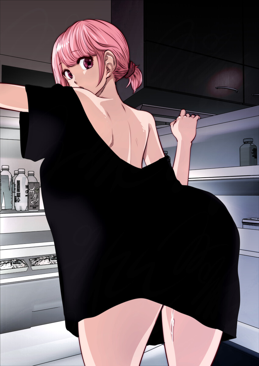 1girl absurdres back black_shirt bottle can commentary_request dress_shirt eguchi_tomoka highres kou_iu_no_ga_ii looking_back median_furrow night open_mouth pink_eyes pink_hair ponytail refrigerator refrigerator_interior shirt shoulder_blades single_off_shoulder solo souryu thighs