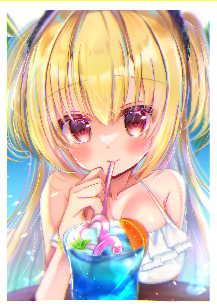 1girl absurdres arihara_nanami bare_shoulders bikini black_scrunchie blonde_hair blush border breasts closed_mouth collarbone colored_eyelashes commentary drink drinking_straw drinking_straw_in_mouth eyelashes eyes_visible_through_hair frilled_bikini frills glass hair_between_eyes hair_ornament hair_scrunchie halterneck hand_up happy highres large_breasts long_hair looking_at_viewer nekota_min red_eyes riddle_joker scrunchie smile solo straight_hair swimsuit tsurime two_side_up upper_body white_bikini white_border