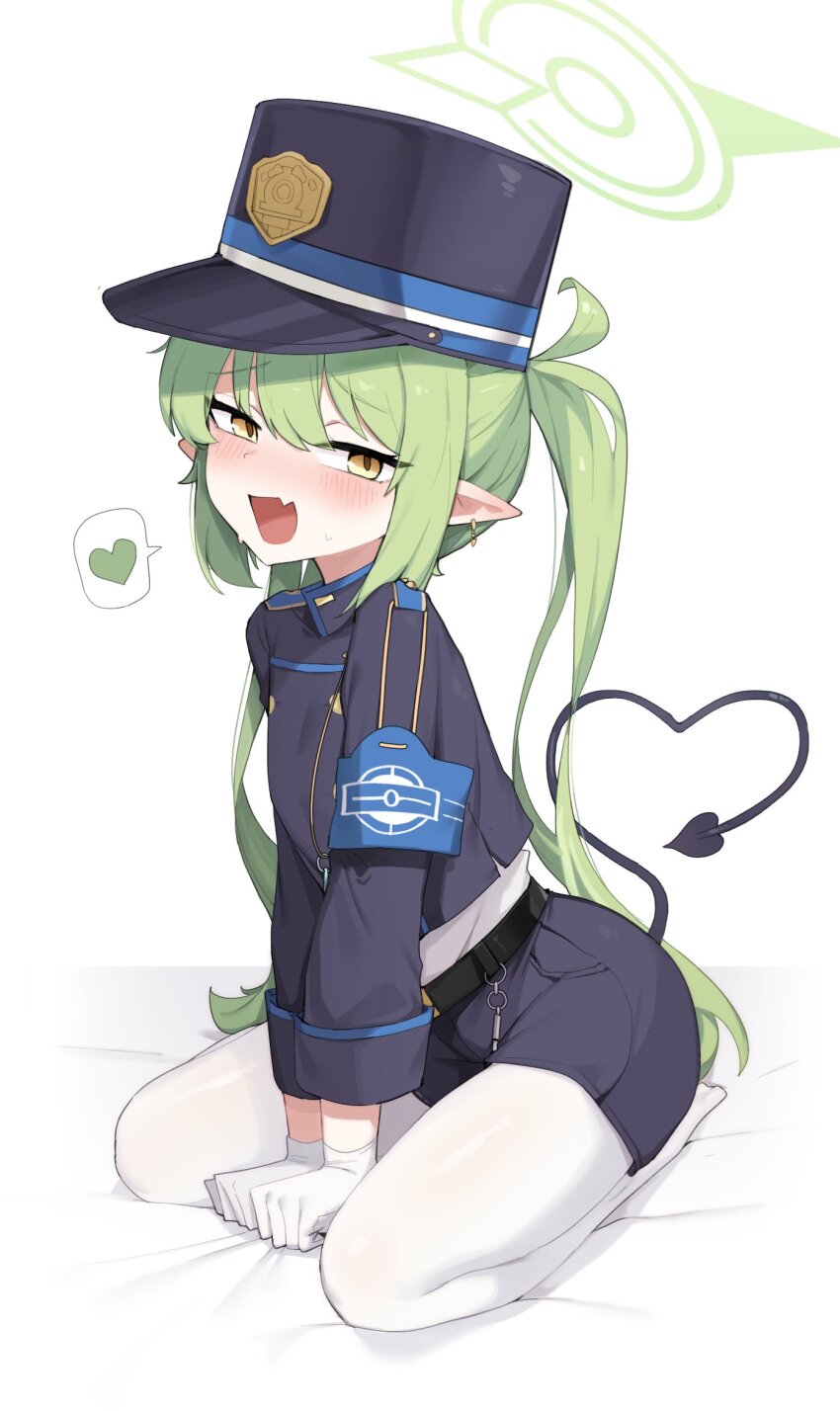 1girl armband arms_between_legs black_tail blue_archive blue_armband buttons demon_tail double-breasted fang green_hair green_halo gurenola halo hat heart heart_tail highres kneehighs navel nozomi_(blue_archive) on_bed pantyhose peaked_cap pointy_ears skin_fang socks solo spoken_heart tail train_conductor twintails whistle white_background white_pantyhose yellow_eyes