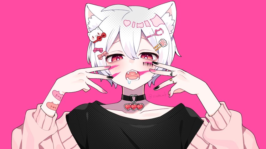 1boy absurdres ahoge animal_(vocaloid) animal_ear_fluff animal_ears bandaid bandaid_on_arm barcode barcode_tattoo black_nails black_shirt bow cardigan cat_boy cat_ears cat_hair_ornament choker commentary_request facial_tattoo fangs hair_bow hair_ornament hairclip heart heart_choker highres jewelry kemonomimi_mode long_sleeves mafumafu mafuteru male_focus multicolored_nails nail_polish niconico off_shoulder open_mouth pink_background pink_bow pink_cardigan pink_eyes pink_nails ring saliva shiroko shirt short_hair solo tattoo twitter_username utaite vocaloid white_hair