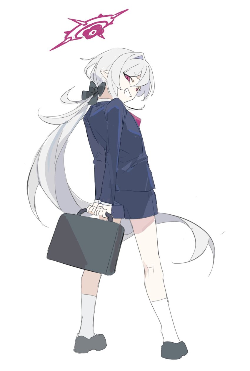 1girl arms_behind_back bag black_bow black_footwear blue_archive blue_jacket blue_shorts bow briefcase from_behind full_body grey_hair grin hair_bow halo highres holding holding_briefcase jacket long_hair long_sleeves looking_at_viewer looking_back mutsuki_(blue_archive) mutsuki_(suit)_(blue_archive) niko_(nikooo2016) official_alternate_costume pointy_ears red_eyes red_halo shoes shorts simple_background smile socks solo standing very_long_hair white_background white_socks