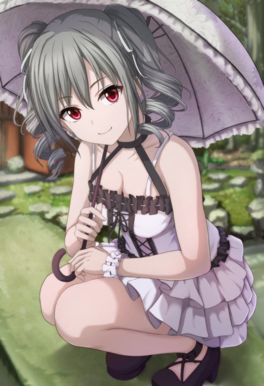 1girl bare_arms bare_shoulders black_footwear black_ribbon blurry blurry_background breasts cleavage closed_mouth collarbone commentary_request cross-laced_clothes curly_hair depth_of_field dress frilled_dress frills grass grey_hair hair_ribbon halterneck highres holding holding_umbrella idolmaster idolmaster_cinderella_girls kanzaki_ranko layered_dress long_hair looking_at_viewer mary_janes medium_breasts narafume outdoors pavement pleated_dress red_eyes ribbon ribbon_trim shoes sidelocks single_wrist_cuff smile solo squatting twintails umbrella white_dress white_ribbon wrist_cuffs