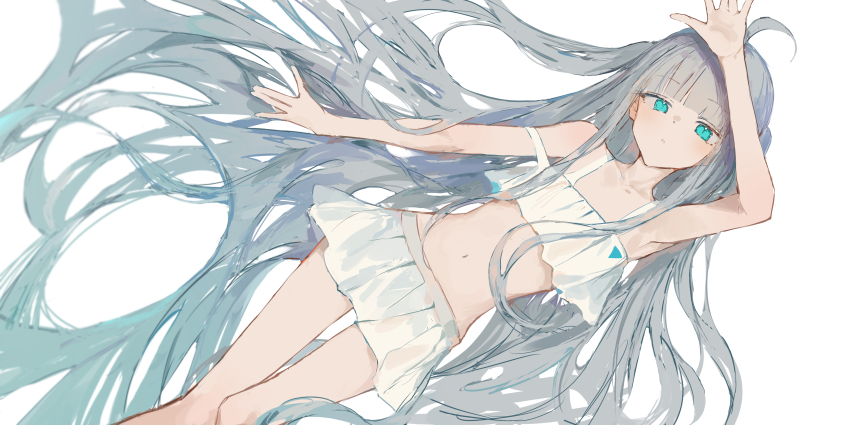 1girl absurdres ahoge aqua_eyes bikini bikini_skirt blunt_bangs commentary feet_out_of_frame frilled_bikini frills grey_hair hair_spread_out highres ichika_(ichika87) long_hair lying navel on_back original sidelocks simple_background skirt solo swimsuit very_long_hair white_background white_bikini white_skirt