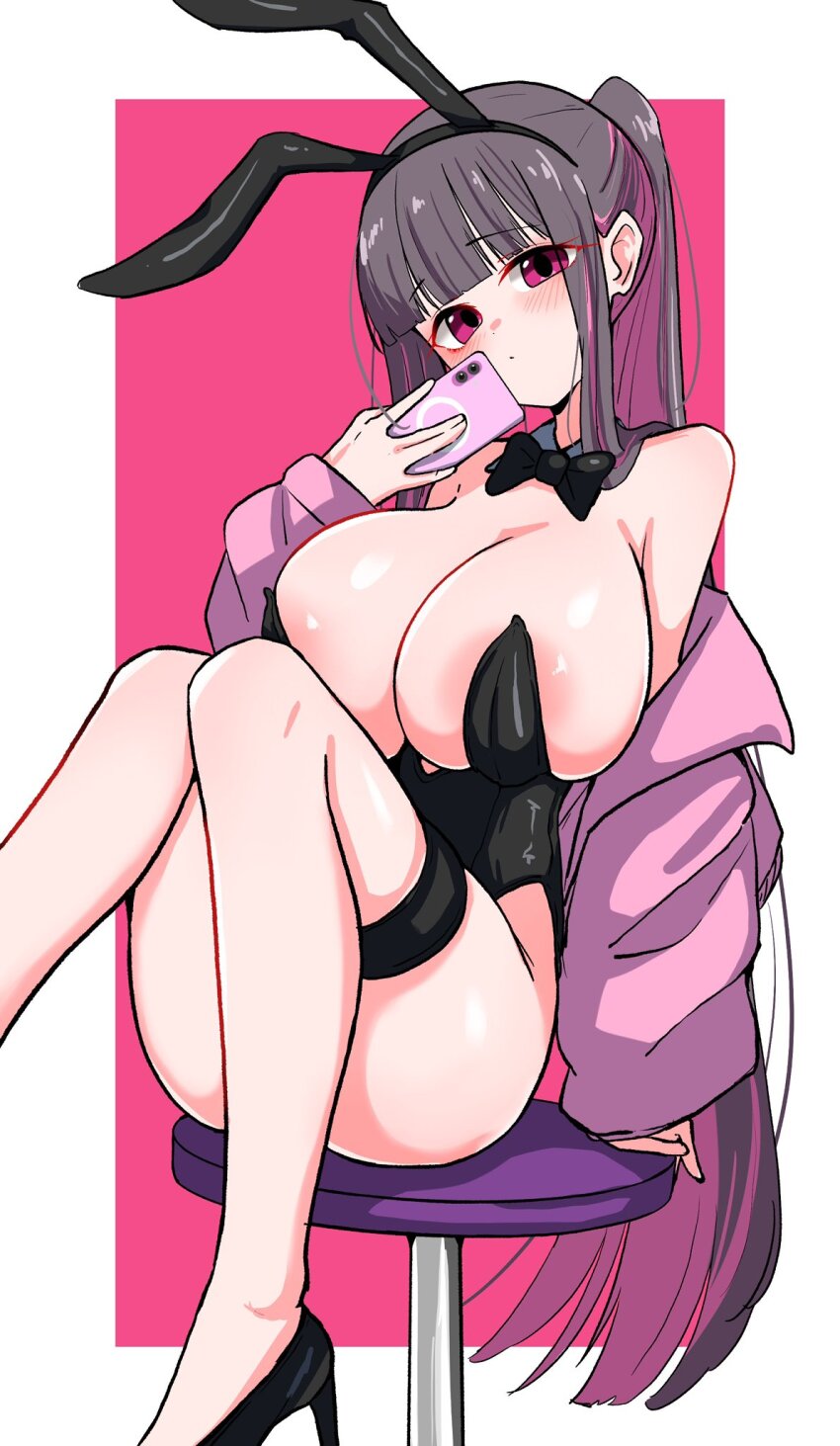 animal_ears areola_slip bar_stool black_leotard blush bow bowtie breasts brown_hair closed_mouth colored_inner_hair covered_navel detached_collar dot_mouth high_heels highleg highleg_leotard highres holding holding_phone hood hoodie huge_breasts leotard long_hair looking_at_viewer momono_(oha) multicolored_hair oha_(oha_h22) on_stool original phone pink_background pink_eyes pink_hair pink_hoodie playboy_bunny ponytail rabbit_ears sitting skindentation stool strapless strapless_leotard thigh_strap wrist_cuffs