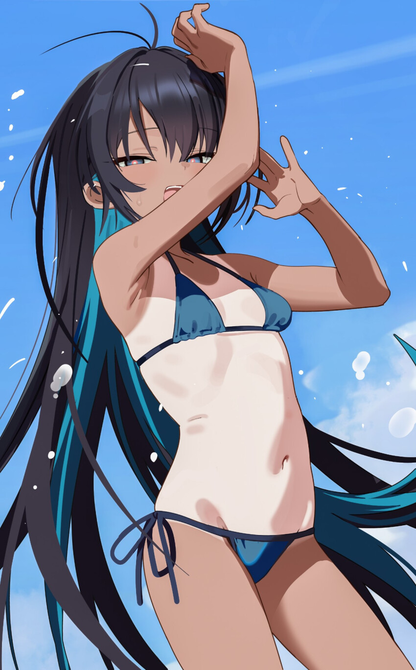 1girl antenna_hair aqua_hair arm_up armpit_crease bikini black_eyes black_hair breasts character_request cloud colored_inner_hair cowboy_shot dark-skinned_female dark_skin groin highres long_hair multicolored_hair navel one-piece_tan open_mouth outdoors seicoh side-tie_bikini_bottom sidelocks sky small_breasts solo swimsuit tan tanline very_long_hair