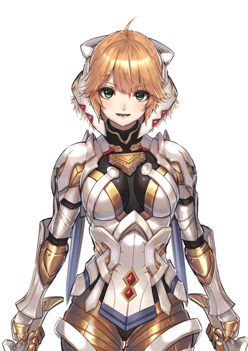 1girl ahoge armor blonde_hair breasts cyborg fiora_(xenoblade) green_eyes hakusai_(hksicabb) highres joints large_breasts looking_at_viewer mecha-fiora open_mouth robot_joints simple_background smile solo standing white_background xenoblade_chronicles_(series) xenoblade_chronicles_1