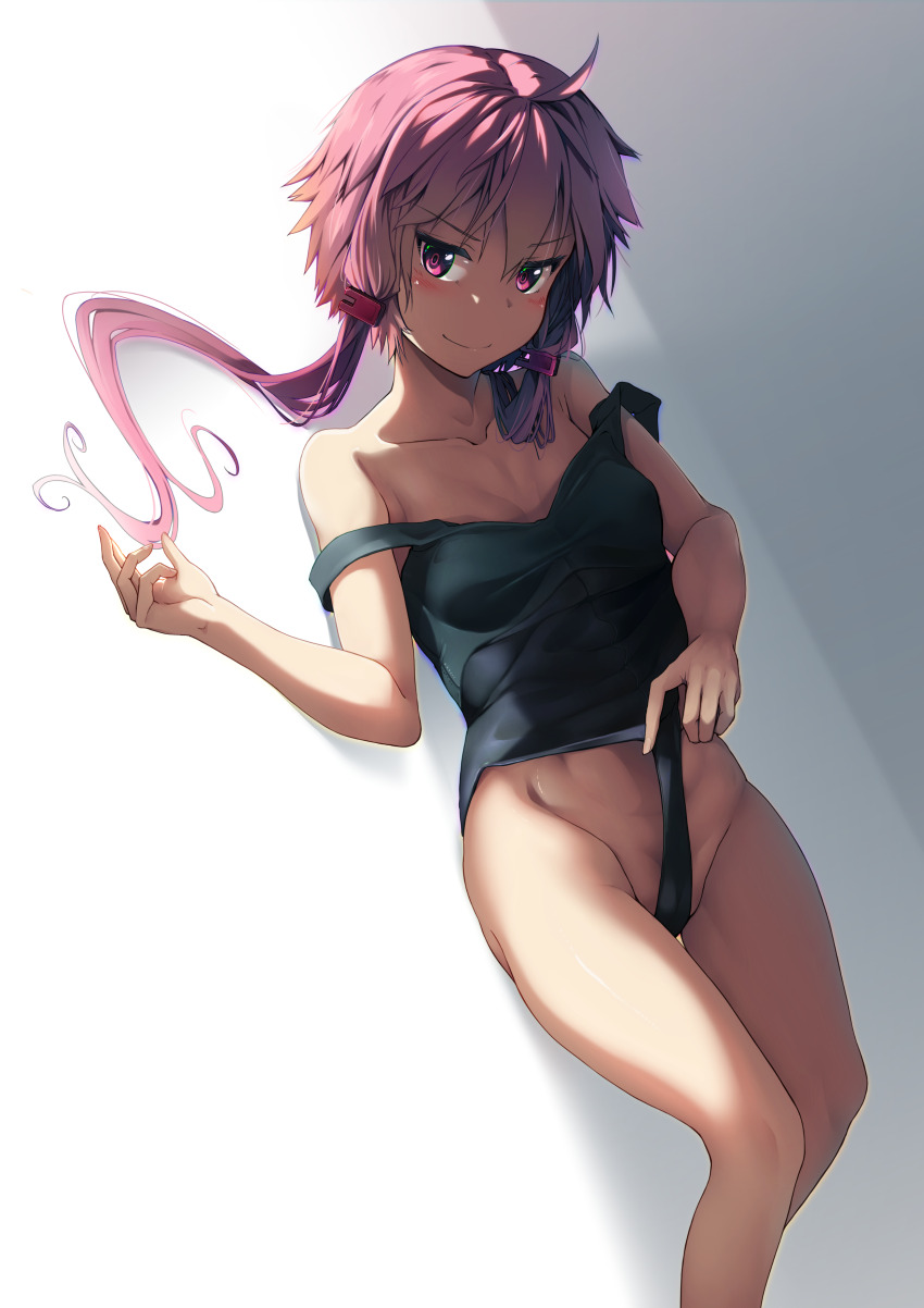 1girl absurdres bare_shoulders black_one-piece_swimsuit breasts clothes_pull commentary_request highres isurugi_gen looking_at_viewer lying navel on_back one-piece_swimsuit one-piece_swimsuit_pull purple_eyes purple_hair shade short_hair_with_long_locks small_breasts smile solo strap_slip swimsuit vocaloid voiceroid yuzuki_yukari