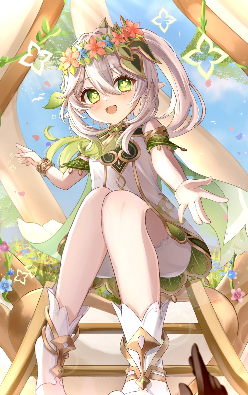 1girl :d absurdres bare_shoulders bloomers blue_flower commentary_request detached_sleeves dress feet_out_of_frame flower flower_wreath genshin_impact gold_trim gradient_hair green_eyes green_hair green_sleeves hair_between_eyes hair_ornament head_wreath highres leaf_hair_ornament long_hair looking_at_viewer making-of_available multicolored_hair nahida_(genshin_impact) open_mouth pointy_ears pomufuwari red_flower side_ponytail sitting sleeveless sleeveless_dress smile solo star-shaped_pupils star_(symbol) symbol-shaped_pupils underwear white_bloomers white_dress white_hair