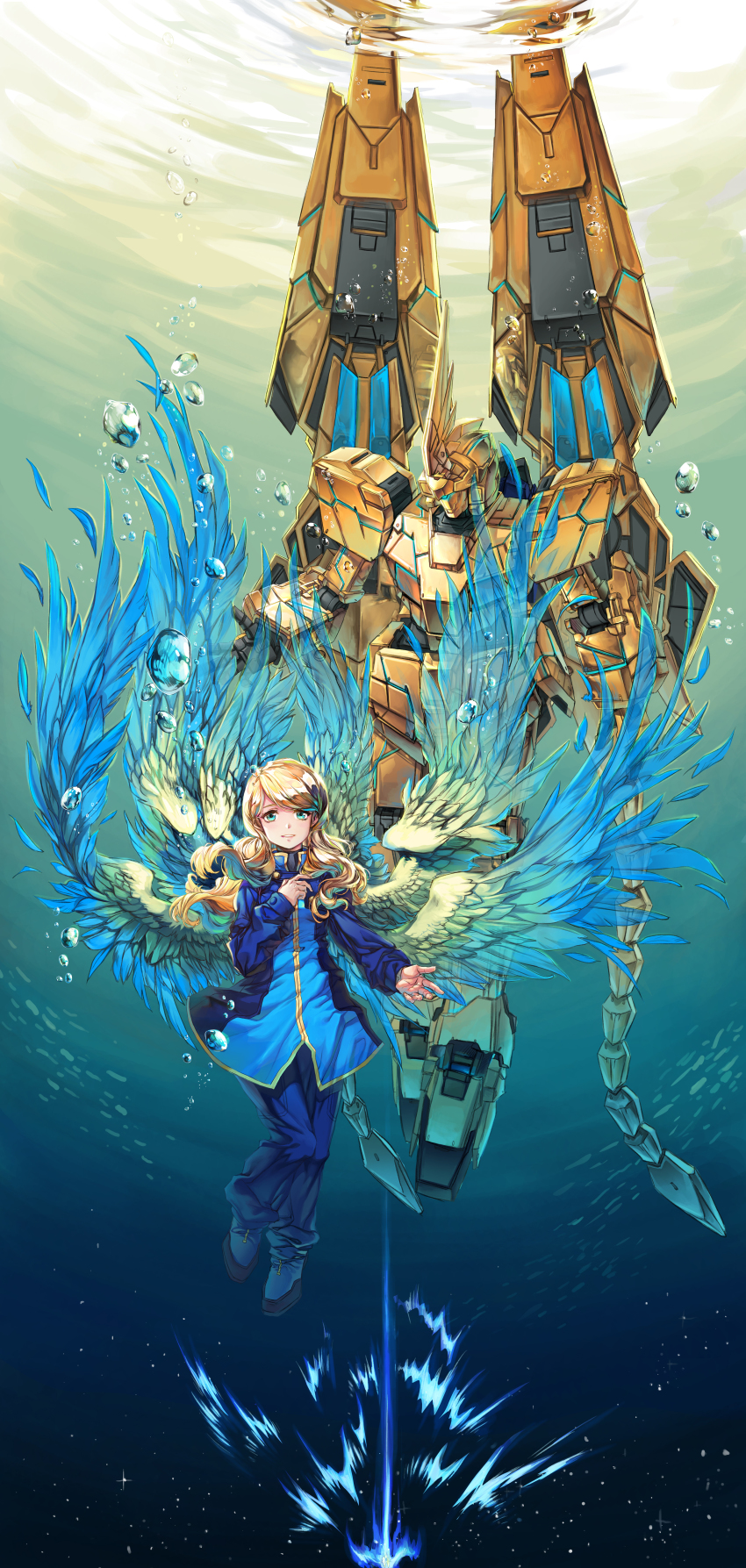 1girl absurdres blonde_hair blue_eyes golden_wings greatwhite1122 gundam gundam_narrative hand_on_own_chest highres huge_filesize looking_down mecha mechanical_wings multiple_wings open_hand reflection revision rita_bernal robot underwater unicorn_gundam_phenex visor wings