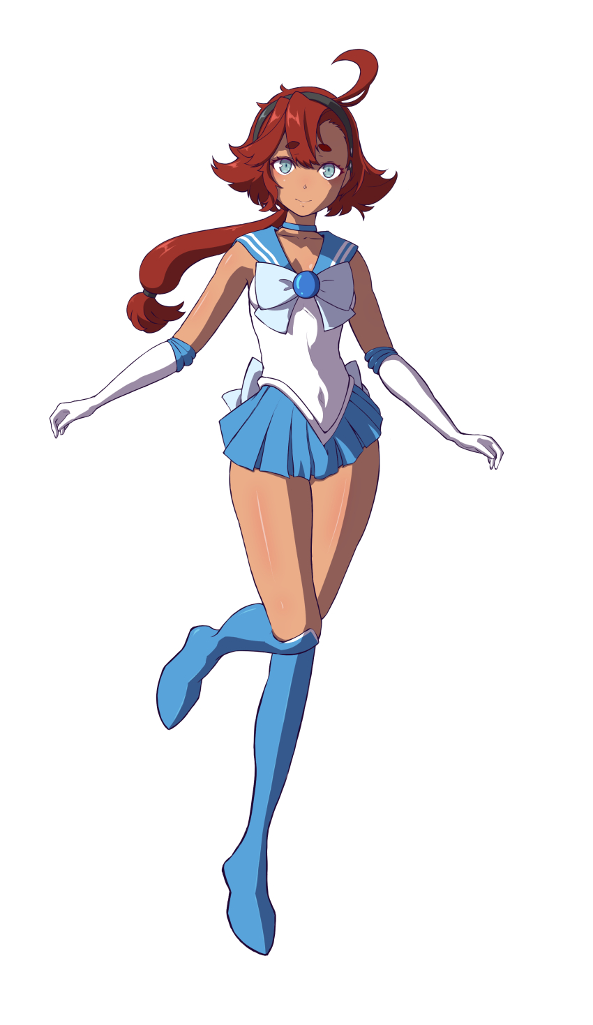 1girl absurdres batta_16-sei bishoujo_senshi_sailor_moon blue_choker blue_eyes blush breasts choker closed_mouth cosplay covered_navel elbow_gloves full_body gloves gundam gundam_suisei_no_majo highres long_hair looking_at_viewer microskirt red_hair sailor_mercury sailor_mercury_(cosplay) sailor_senshi_uniform simple_background skirt small_breasts solo suletta_mercury white_background white_gloves