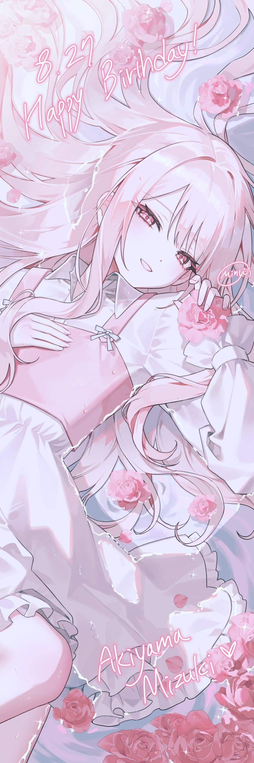 1girl absurdres akiyama_mizuki apron blonde_hair character_name dress feet_out_of_frame flower grin hand_on_own_chest happy_birthday heart highres holding holding_flower knees long_hair long_sleeves looking_at_viewer pink_apron pink_eyes pink_flower pink_hair pink_rose project_sekai puffy_sleeves roa_waengwal rose smile solo teeth white_dress