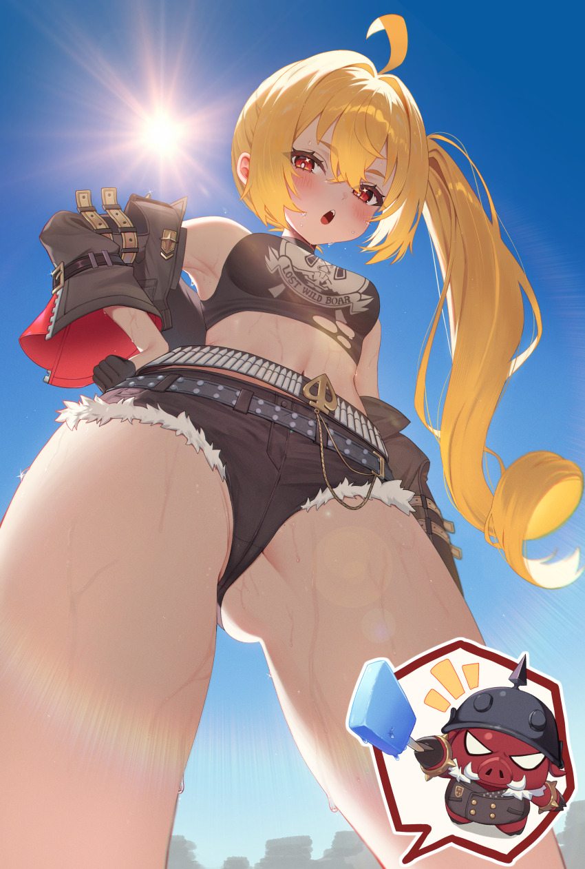 1girl absurdres ahoge armpits black_gloves black_jacket black_shorts blonde_hair blue_sky blush breasts commentary cowboy_shot crop_top from_below gloves hair_between_eyes half_gloves highres jacket long_hair looking_at_viewer looking_down luciana_de_montefio midriff off_shoulder open_mouth outdoors red_eyes seoki_(hi3031) short_shorts shorts sidelocks sky small_breasts solo sun sunlight sweat symbol-only_commentary teeth thighs upper_teeth_only zenless_zone_zero