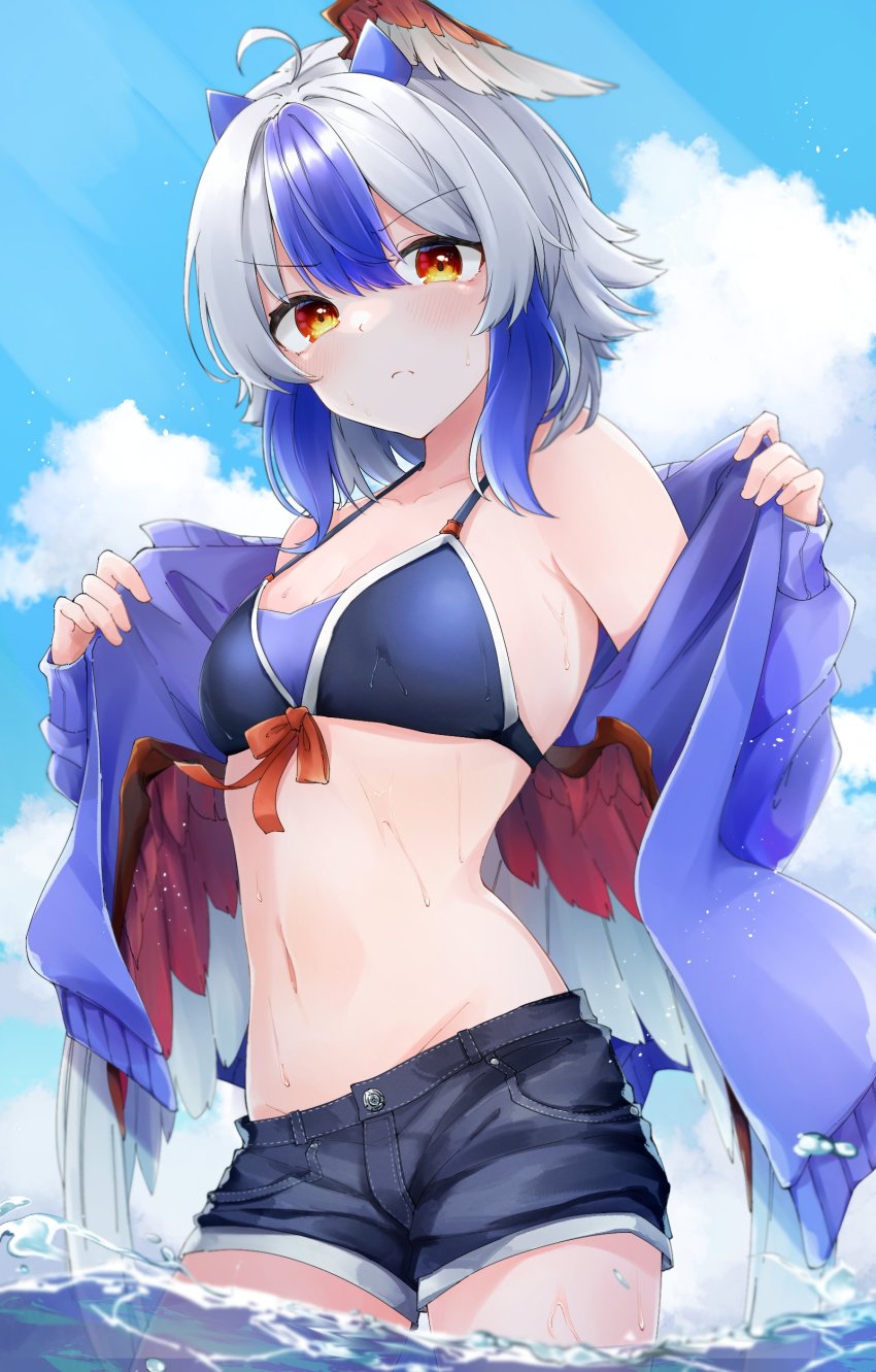 absurdres blue_bra blue_hair blue_sky bow bow_bra bra denim denim_shorts grey_hair gunsou1350 highres in_water jacket medium_hair midriff multicolored_hair navel outdoors red_bow red_eyes red_wings removing_jacket serious short_shorts shorts sky streaked_hair tokiko_(touhou) touhou underwear wings