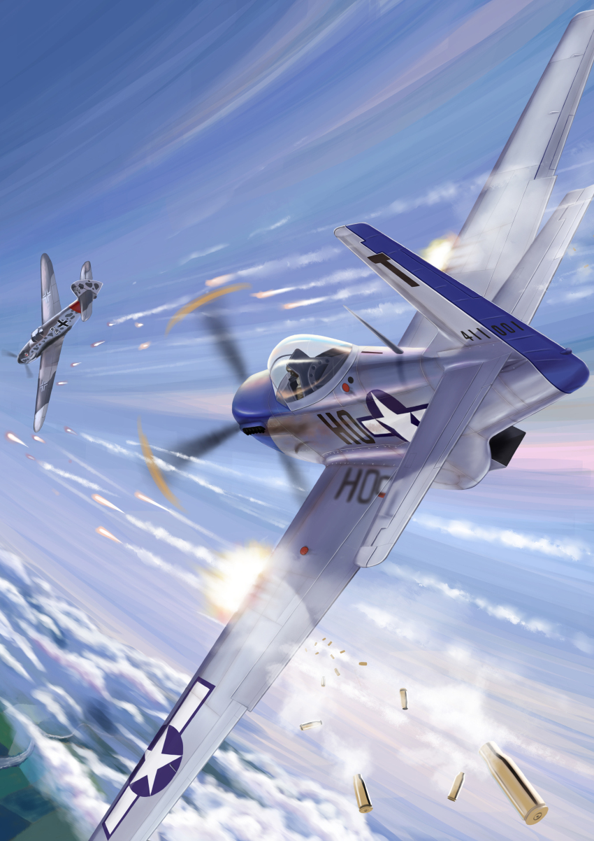 absurdres aerial_battle aircraft airplane battle bf_109 cloud dogfight fighter_jet highres jet luftwaffe military military_vehicle original p-51_mustang projectile_trail propeller shell_casing sky united_states_air_force vehicle_focus world_war_ii zuotian_de_yu