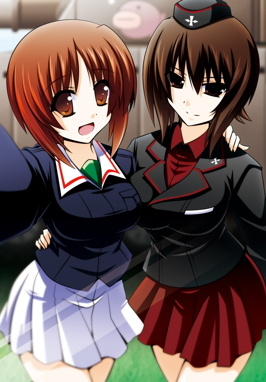 2girls anglerfish black_jacket blue_jacket brown_eyes brown_hair engo_(aquawatery) fish garrison_cap girls_und_panzer green_skirt happy hat highres jacket kuromorimine_military_uniform light_brown_hair looking_at_viewer military military_hat military_uniform military_vehicle motor_vehicle multiple_girls nishizumi_maho nishizumi_miho ooarai_military_uniform panzer_iv red_shirt red_skirt shirt siblings sisters skirt tank tulip_hat uniform white_skirt