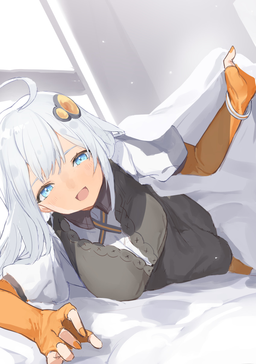 1girl ahoge bed bed_invitation black_dress blanket blue_eyes bracelet breasts collared_shirt dress elbow_gloves gloves hand_up highres indoors jewelry kizuna_akari large_breasts long_hair looking_at_viewer lying on_bed on_stomach open_mouth orange_gloves orange_nails pocche-ex puffy_short_sleeves puffy_sleeves shirt short_sleeves smile solo under_covers voiceroid white_hair