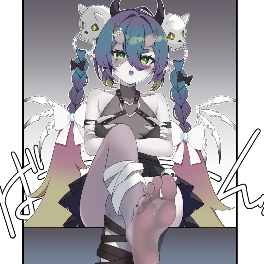 1girl absurdres barefoot braid colored_skin crossed_arms crossed_legs demon_girl feet green_eyes grey_skin highres horns long_hair looking_at_viewer multicolored_hair open_mouth pointy_ears sitting soles stitches toes toxic_pter twin_braids