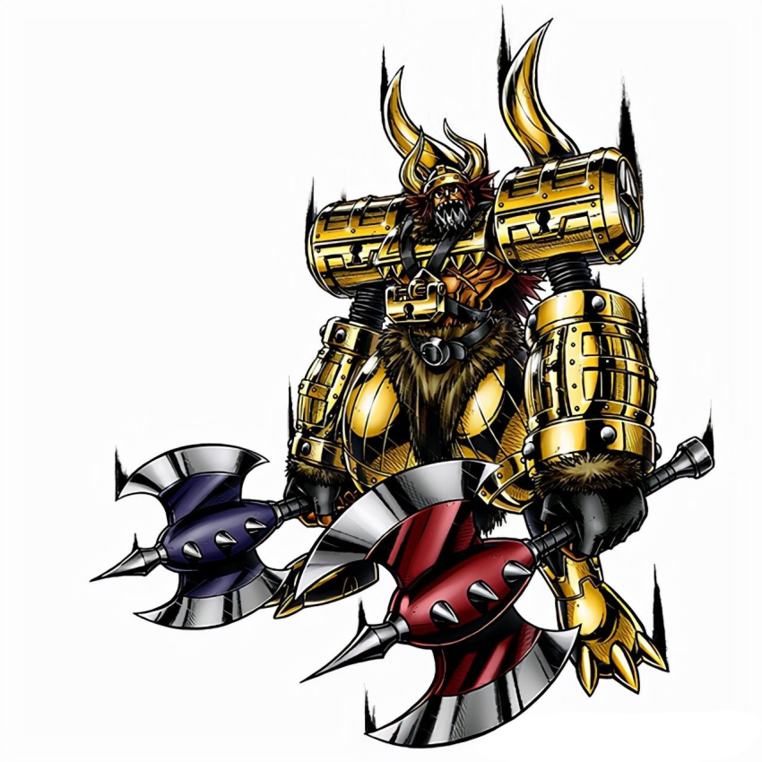 1boy abs armor aura axe bandai battle_axe boots brown_hair digimon digimon_(creature) fingerless_gloves full_body gloves helmet highres holding holding_weapon horns long_hair monster_boy moriyama_sou muscular no_humans official_art olegmon oversized_object pectorals serious sharp_teeth simple_background solo standing teeth viking weapon white_background