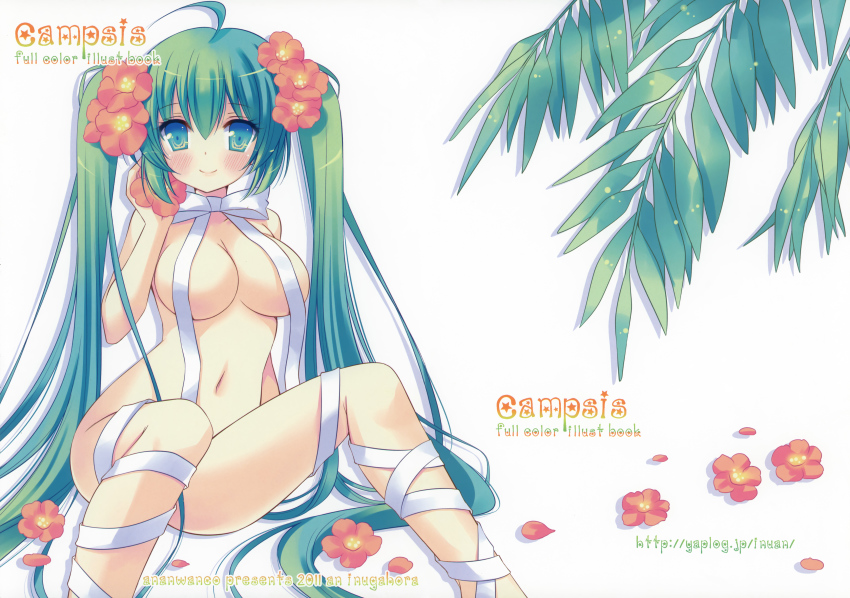 1girl absurdres aqua_eyes aqua_hair blush breasts cleavage female_focus flower green_hair hair_flower hair_ornament hatsune_miku highres inugahora_an large_breasts long_hair looking_at_viewer naked_ribbon navel ribbon scan smile solo twintails very_long_hair vocaloid