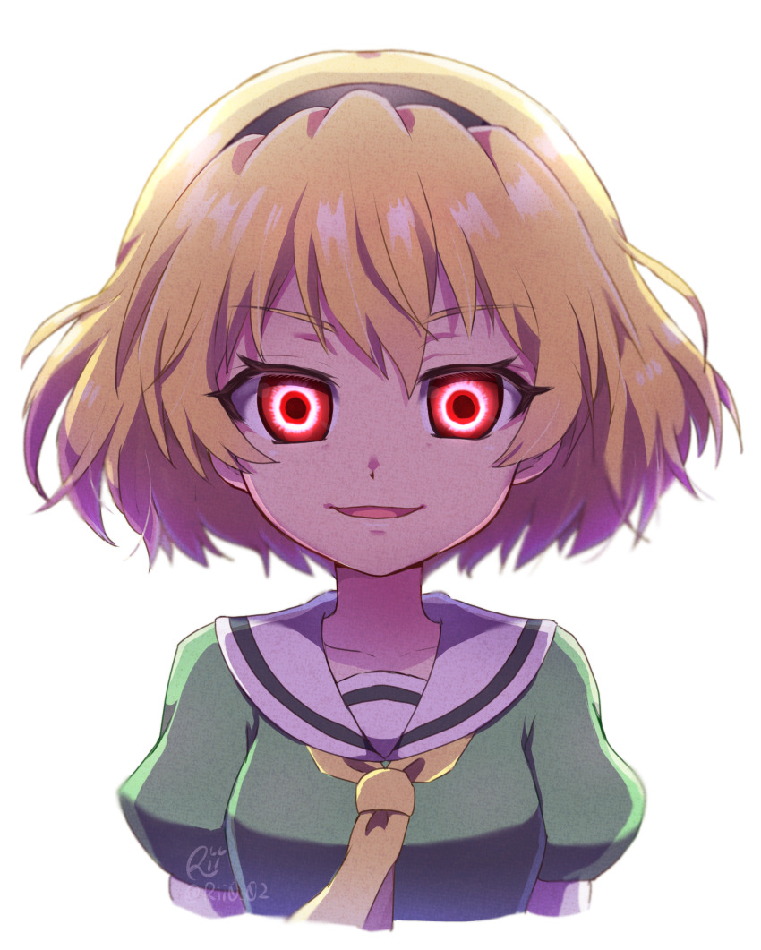 1girl absurdres black_hair blonde_hair creepy_eyes cropped_torso evil_smile glowing glowing_eyes highres higurashi_no_naku_koro_ni houjou_satoko looking_at_viewer necktie red_eyes rii_(rii0_02) sailor_collar short_hair simple_background smile solo upper_body white_background white_sailor_collar yellow_necktie