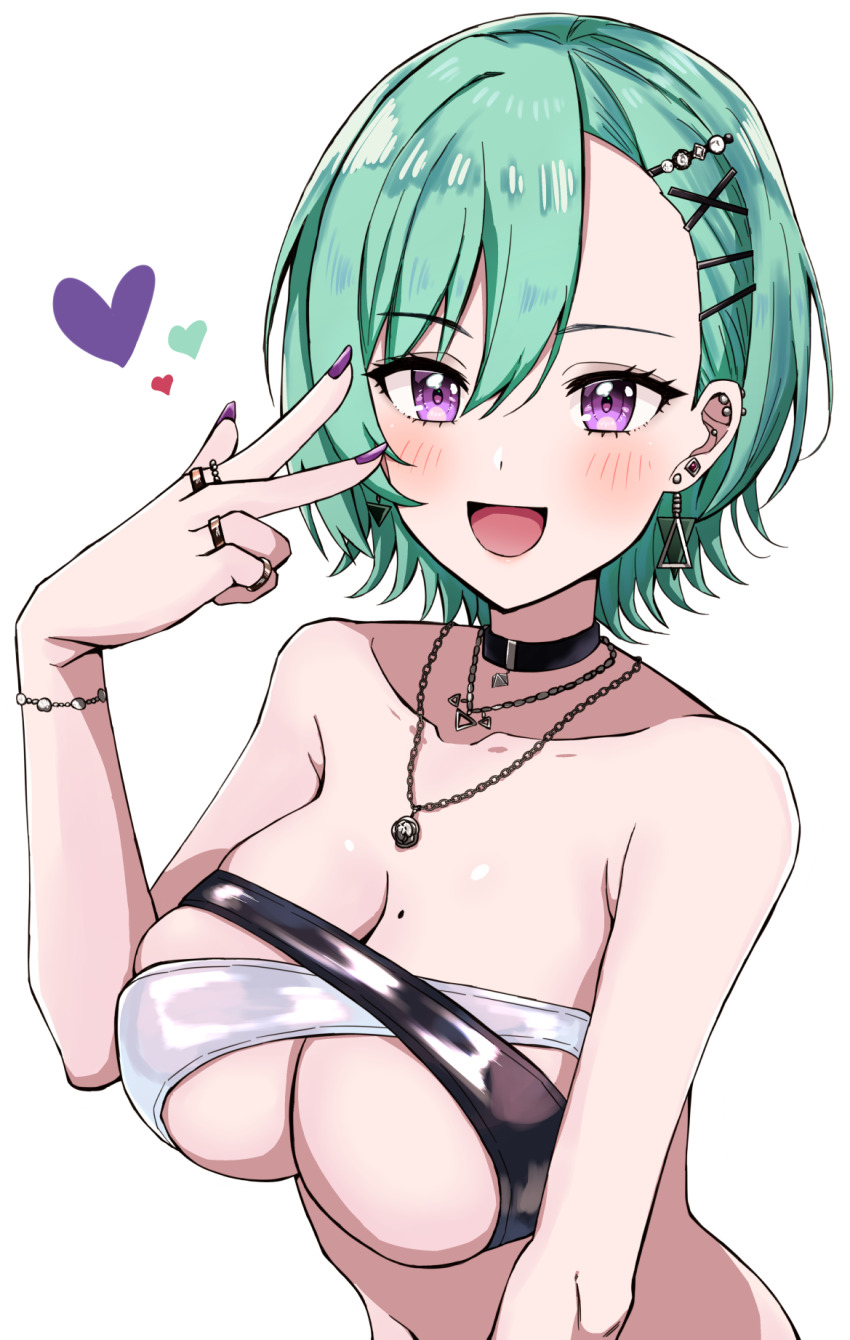 1girl :d bikini black_bikini black_collar blush bracelet breasts choker collar cross-laced_bikini cross-laced_clothes earrings green_hair hair_behind_ear hair_ornament heart highres jewelry keikesu large_breasts looking_at_viewer mole mole_on_breast multicolored_bikini multicolored_clothes open_mouth purple_eyes purple_nails ring short_hair simple_background skindentation smile solo swept_bangs swimsuit triangle_earrings two-tone_bikini underboob upper_body virtual_youtuber vspo! wet white_background white_bikini x_hair_ornament yakumo_beni yakumo_beni_(3rd_anniversary)