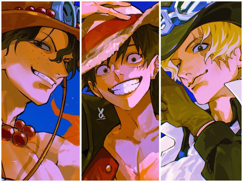 3boys ascot black_hair blonde_hair close-up closed_mouth collared_cape commentary english_commentary fire freckles gloves hand_on_headwear hat highres jewelry long_sleeves looking_at_viewer male_focus monkey_d._luffy multiple_boys necklace one_piece orange_hat pearl_necklace portgas_d._ace sabo_(one_piece) scar scar_on_chest scar_on_face smile topless_male vasan5555 white_ascot